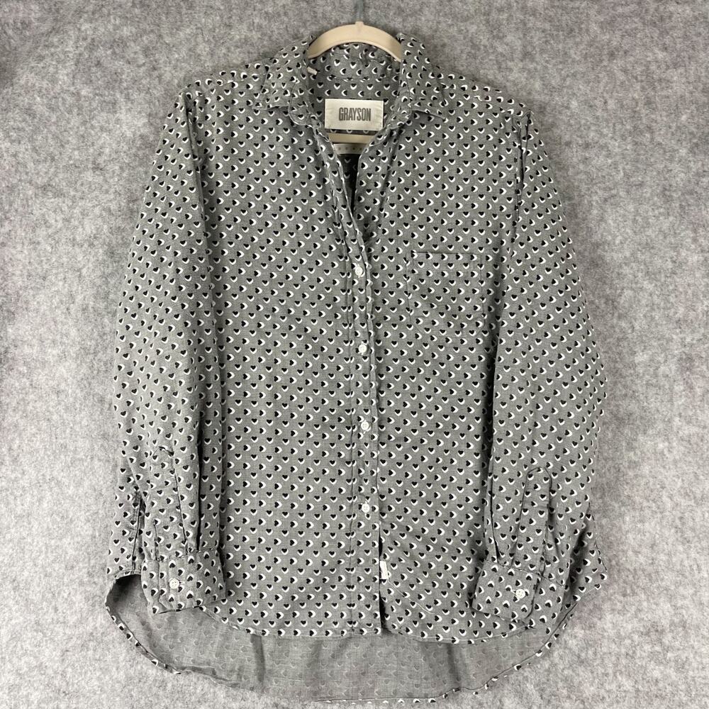 Grayson The Hero Top Womens 3 Medium Gray Heart Print Lyocell Button Up Soft - Picture 1 of 15